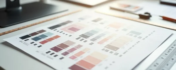 Un plan de travail immaculé montrant des épreuves d'impression superposées avec des repères de couleur et des guides techniques, lumière douce professionnelle.