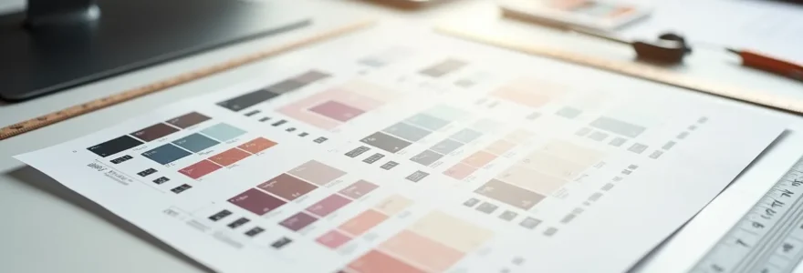 Un plan de travail immaculé montrant des épreuves d'impression superposées avec des repères de couleur et des guides techniques, lumière douce professionnelle.