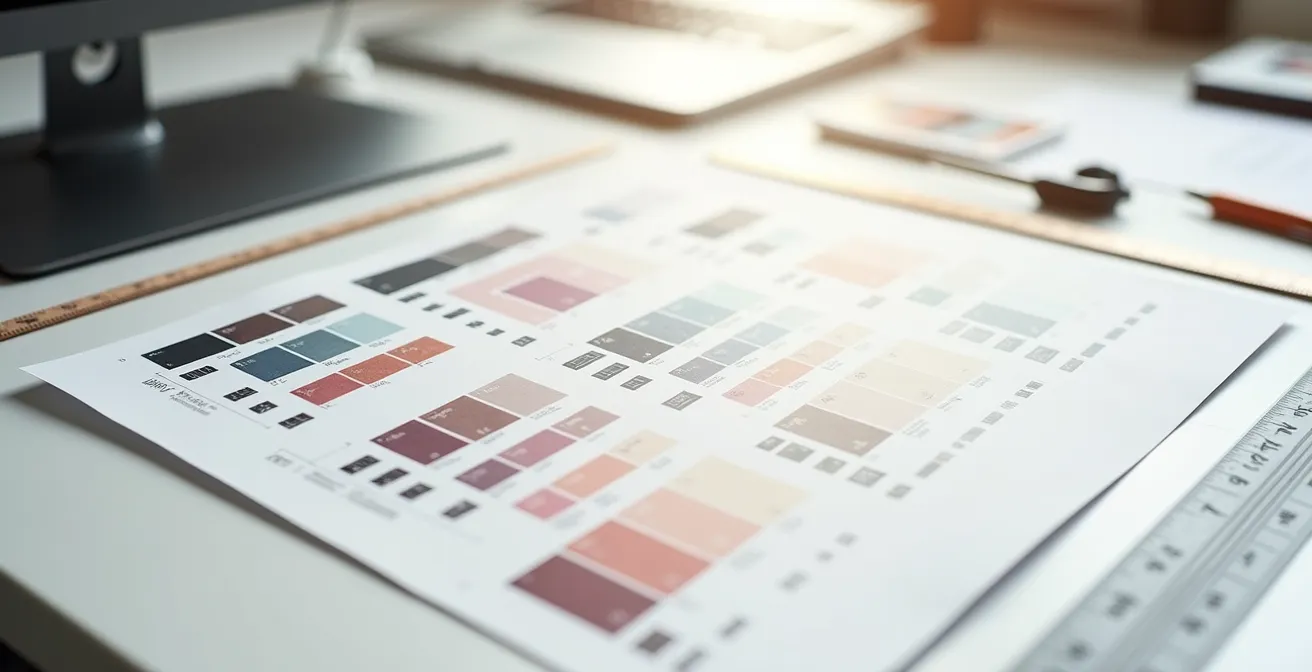 Un plan de travail immaculé montrant des épreuves d'impression superposées avec des repères de couleur et des guides techniques, lumière douce professionnelle.