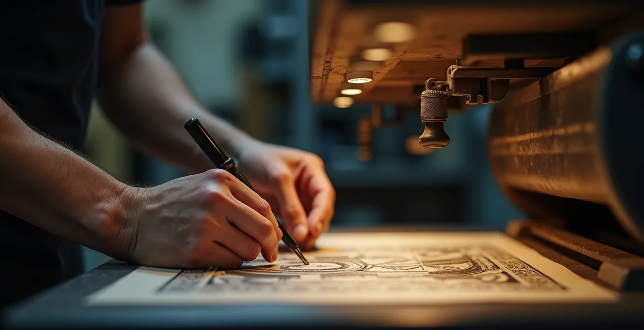 Mains expertes manipulant une technique d'impression spécialisée