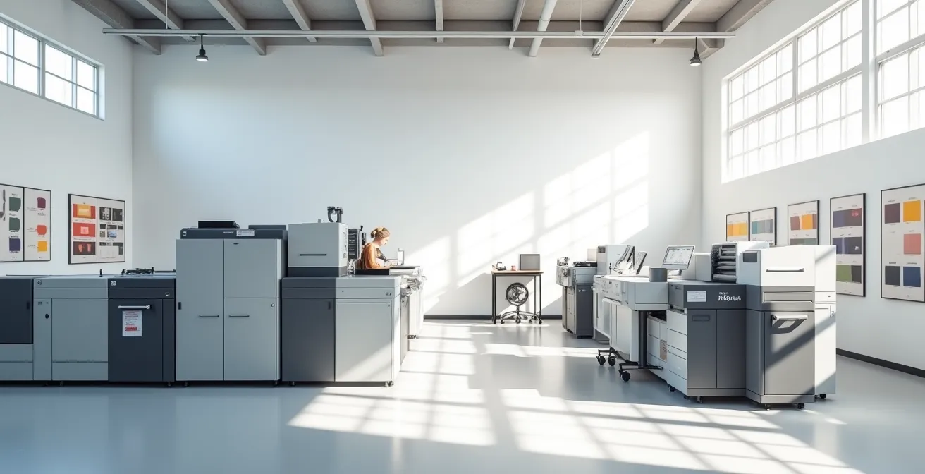 Vue environnementale d'un espace de production avec différentes technologies d'impression